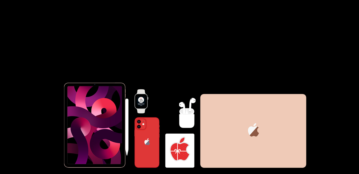 Various Apple Products spread. The image contains an iPad, an iPhone, an Apple Watch, a MacBook, an AirPods an Apple Pencil and a Apple Gift Card